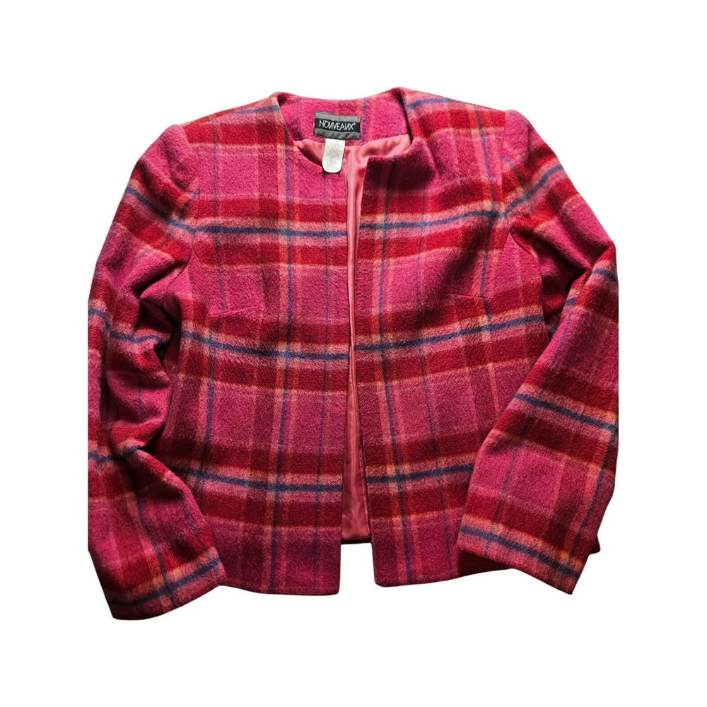 Nouveaux Vintage Pink Red Plaid Wool Blend Blazer Jacket Collarless Size 10